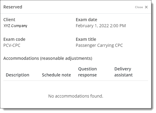 Exam details for an exam reservation.